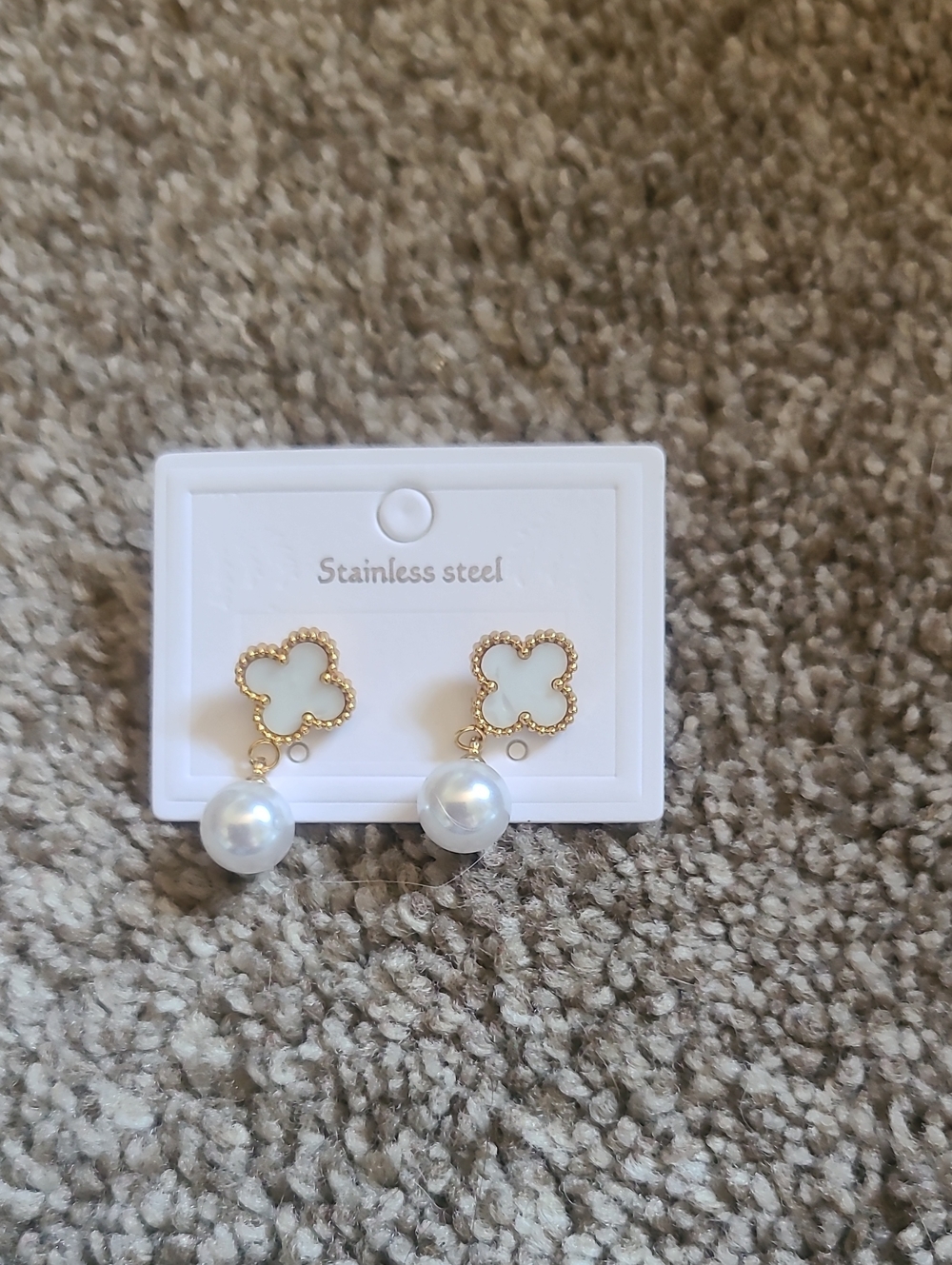 Gold Tone White Clover Pearl Drop Earrings - Stainless Steel